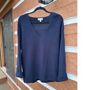 Evereve Navy Blue V Neck Long Sleeve Cotton Sweater Women